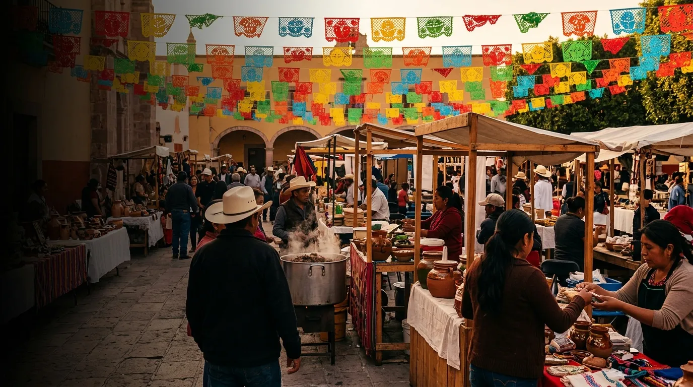 Puestos de comida bajo papel picado en una feria